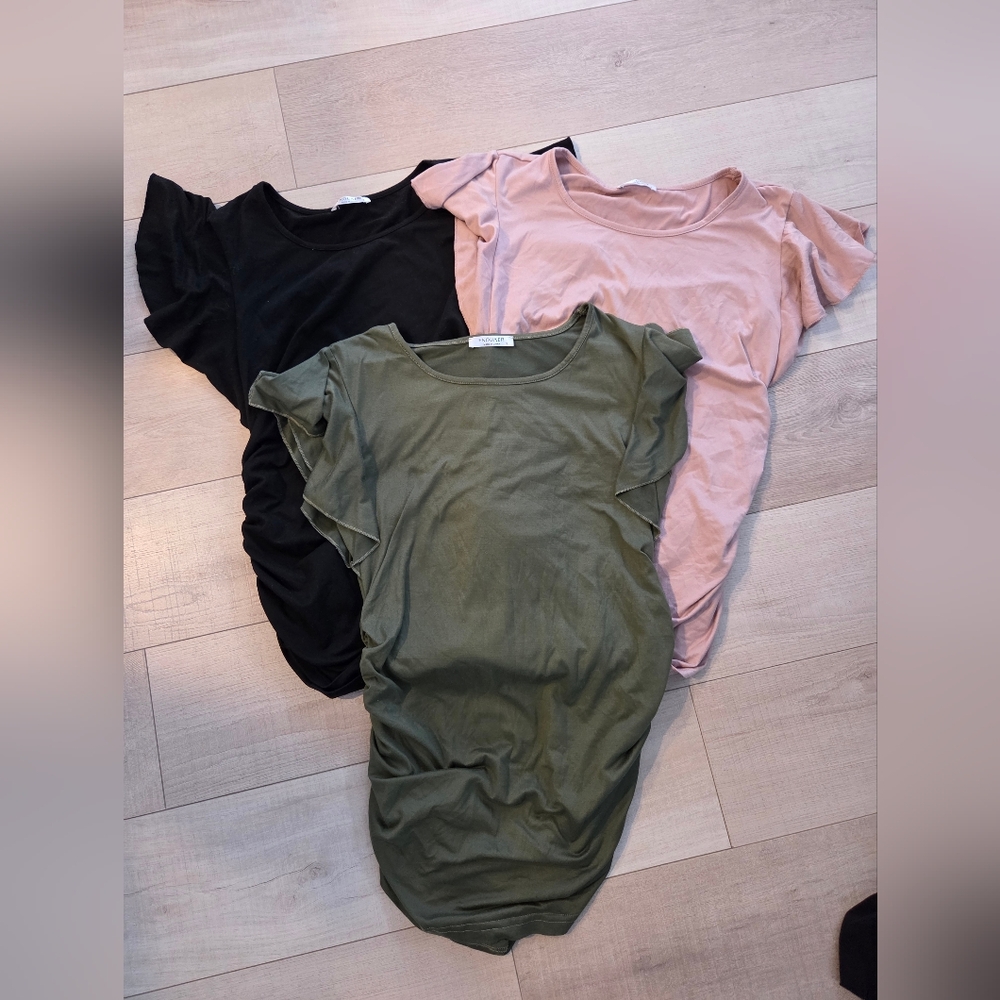 Ruffle Sleeve Short-Sleeve Tee — Olive, Black & Dusty Pink